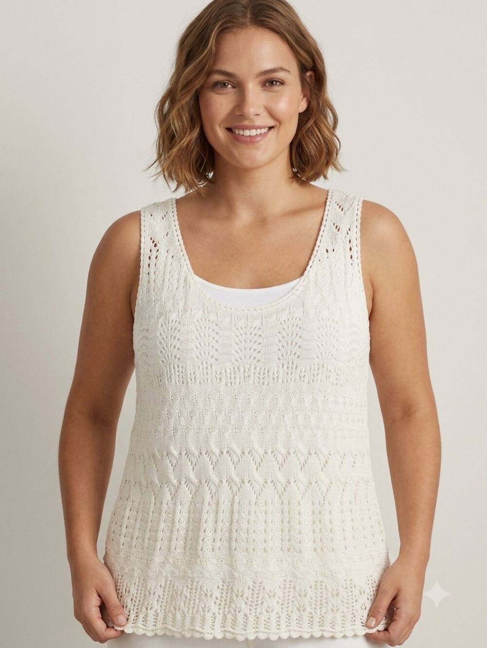 LAUREN Ralph Lauren White Linen Blend Open Knit Tank Top Size XL - Crochet Boho
